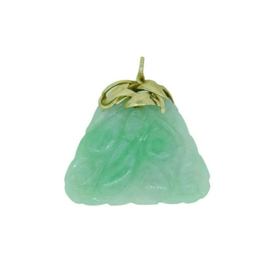 14k Yellow Gold Jadeite Pendant with Mason Kay Report: 14k Yellow Gold Jadeite Pendant with Mason Kay Report This stunning pendant features a beautifully carved jadeite, recognized for its natural grade A quality, accompanied by a Mason Kay report confirm