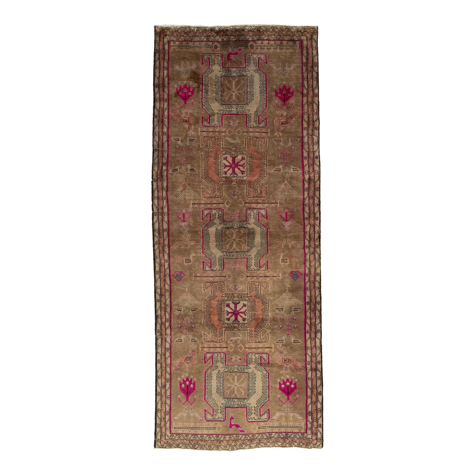 Vintage Brown North West Persian Hand-Knotted Wool Rug 3'8 x 9'3 Tribal Motif: Vintage Brown North West Persian Hand-Knotted Wool Rug 3'8 x 9'3 Tribal Motif This exquisite vintage Persian wool rug showcases a handmade design with a rich brown field accentuated by tribal motifs i