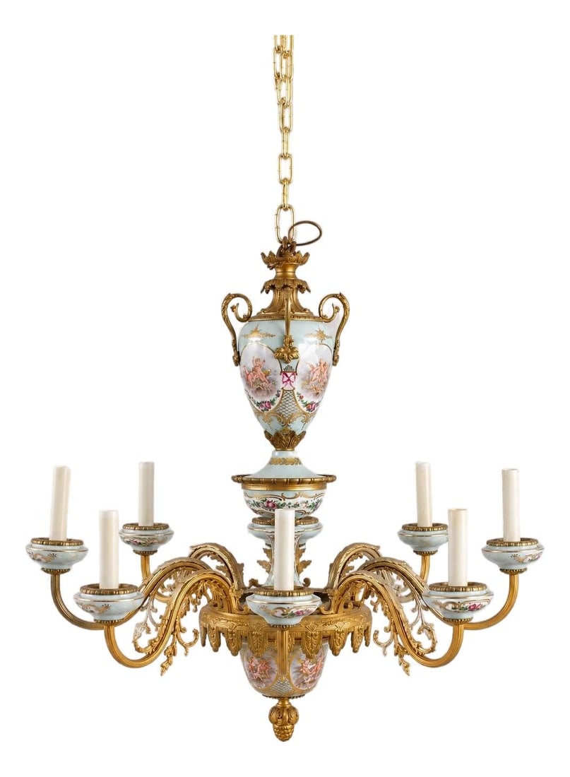French Style 8 Light Porcelain Chandelier with Ormolu Brass Hardware: French Style 8 Light Porcelain Chandelier with Ormolu Brass Hardware Vintage Sevres style French porcelain 8-light chandelier, circa 1940s. It features scrolled arms, gilt gold and bronze ormolu detai