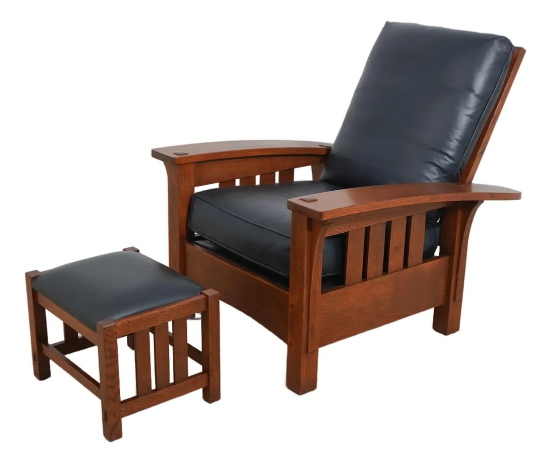 Stickley Morris chair with ottoman mission oak leather cushions (1 of 10)
