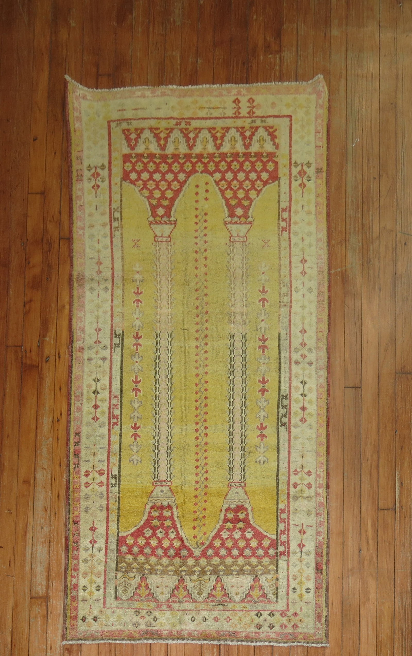 2' 11" x 5' 8" Antique Turkish Mudjur Prayer Rug: 2' 11" x 5' 8" Antique Turkish Mudjur Prayer Rug Early 20th century antique Turkish Mudjur prayer rug with a geometric design and floral motifs. This small pre-owned rug is identified as a prayer rug.