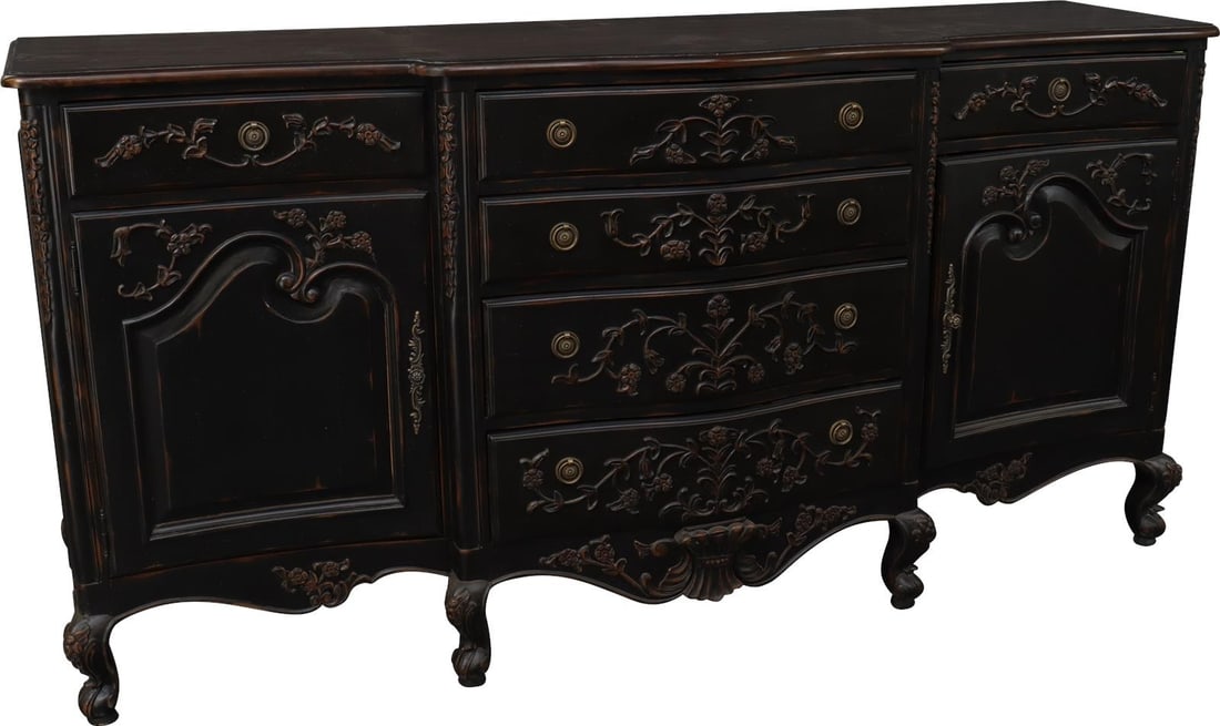 French Provincial Sideboard Solid Wood Antiqued Blackwash Walnut Top (1 of 7)