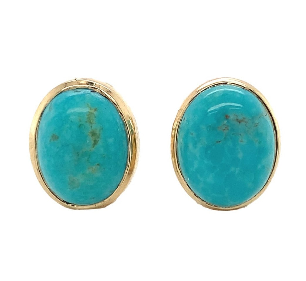 Stud Earrings 14k Yellow Gold Kingman Turquoise 4.77cttw Pair: Stud Earrings 14k Yellow Gold Kingman Turquoise 4.77cttw Pair These stud earrings feature genuine natural Kingman turquoise stones set in 14k yellow gold. The turquoise, sourced from the Kingman mine 