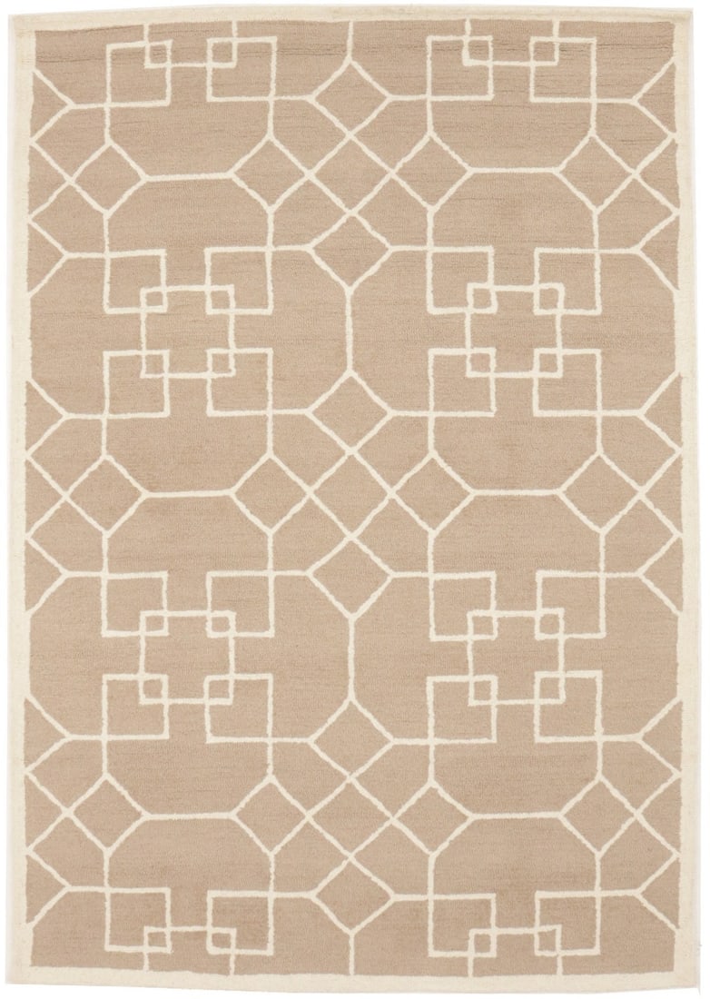 Modern hand-tufted wool area rug with khaki geometric pattern 5x8: Modern hand-tufted wool area rug with khaki geometric pattern 5x8 This pre-owned modern area rug features a geometric pattern in khaki and cream tones. Hand-tufted from wool, it offers a high pile and