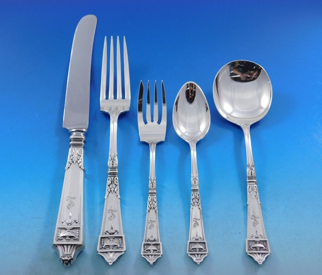 Gorham Lansdowne Sterling Silver Flatware Set 64 pcs for 12 with Storage Chest: Gorham Lansdowne Sterling Silver Flatware Set 64 pcs for 12 with Storage Chest This stunning Lansdowne flatware set by Gorham is crafted from high-quality sterling silver, featuring an elegant urn des