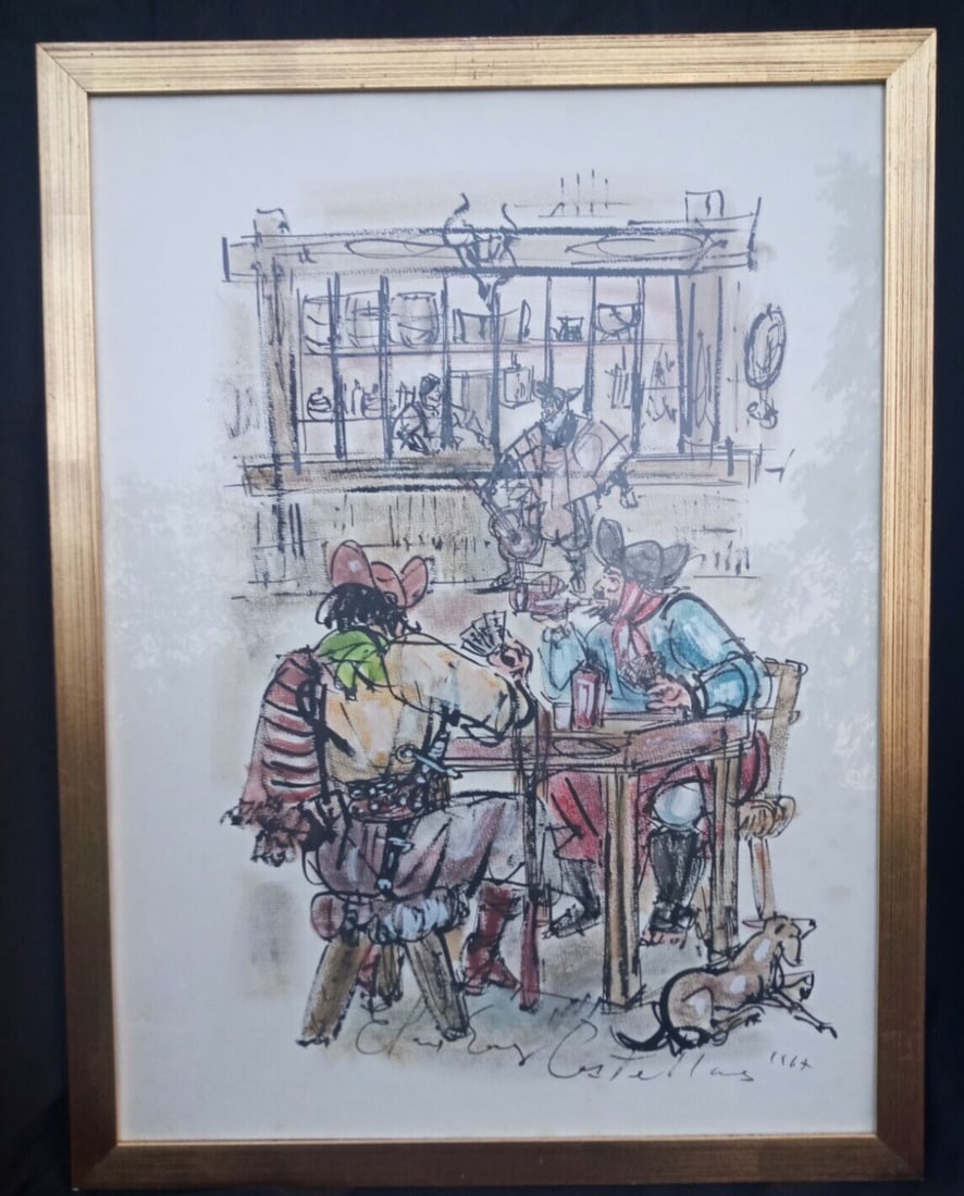 Framed Argentina watercolor painting by Elena Castellanos gaucho bar scene 27.5" (1 of 6)