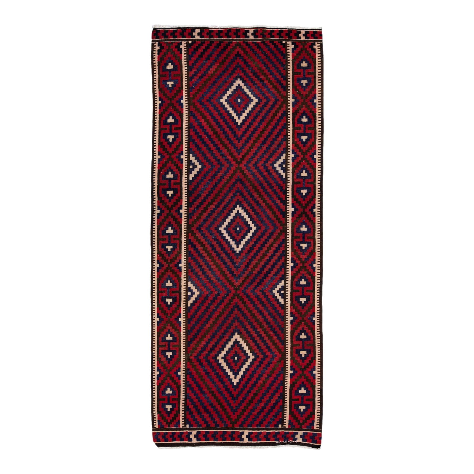 Vintage Turkish Kilim Red Geometric Wool Rug 4'11 x 11'11: Vintage Turkish Kilim Red Geometric Wool Rug 4'11 x 11'11 This stunning vintage Turkish Kilim rug features a vibrant red field adorned with an intricate all-over geometric design, complemented by a re