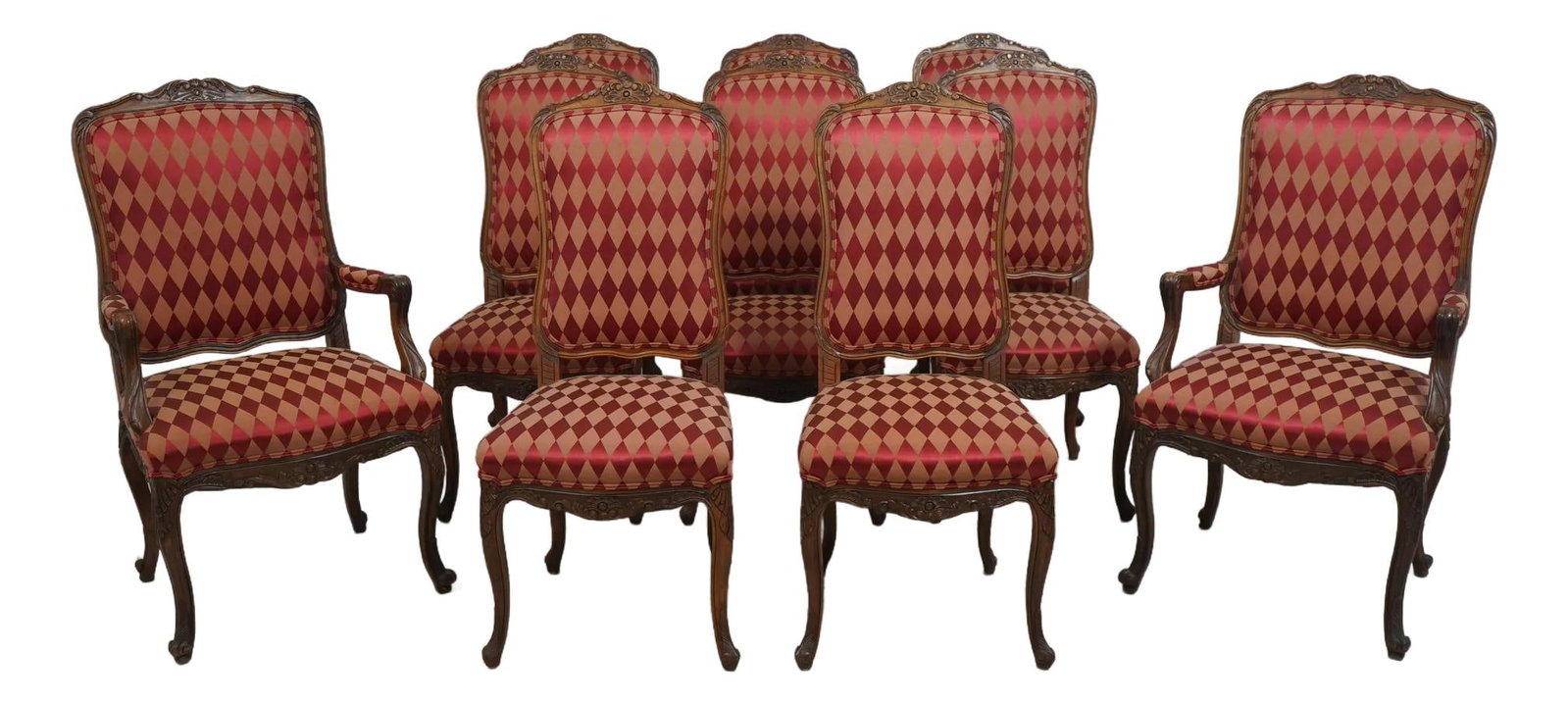 Set of 10 Vintage French Louis XV Walnut Dining Chairs: Set of 10 Vintage French Louis XV Walnut Dining Chairs Enhance your dining experience with this exquisite set of 10 vintage French Louis XV walnut dining room chairs, approximately 30 years old. These