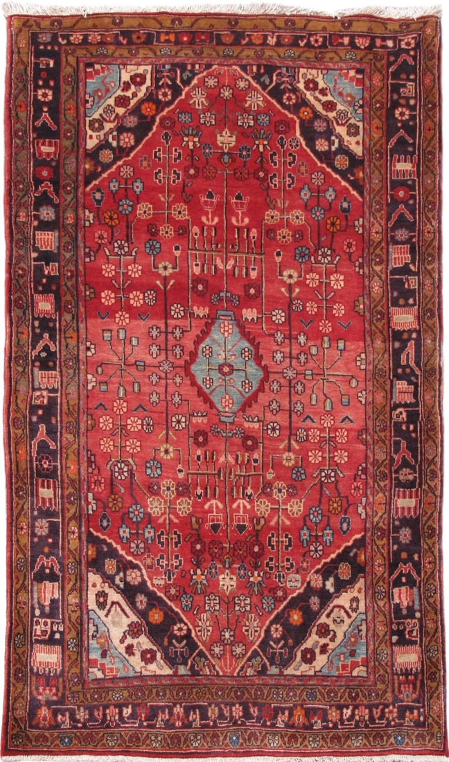Handcrafted 4'2" x 7'2" Persian Hamadan Rug Tomato Red Wool (1 of 6)