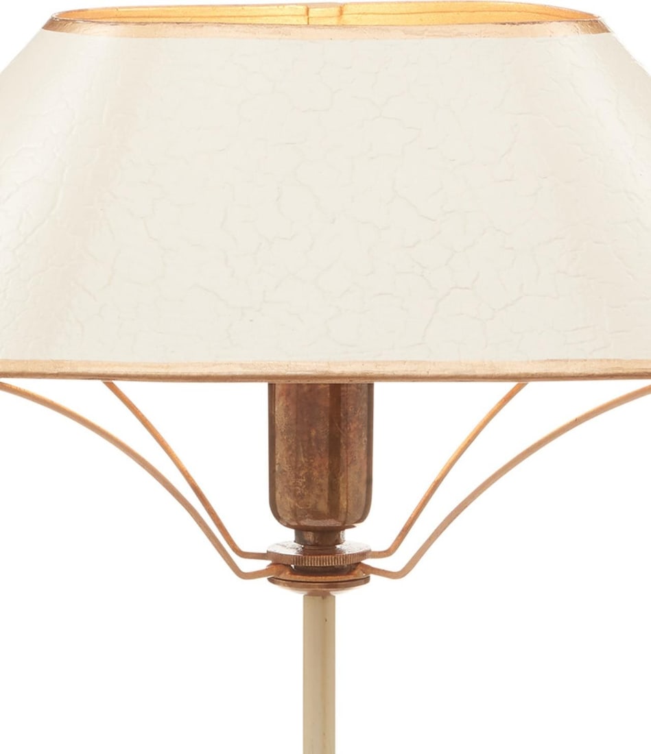 Brass Daphne Lamp by Currey with Ivory Shade: Brass Daphne Lamp by Currey with Ivory Shade Illuminate your space with the Exquisite Daphne Lamp, designed in an elegant antique style. This unique lighting piece features a combination of antique br