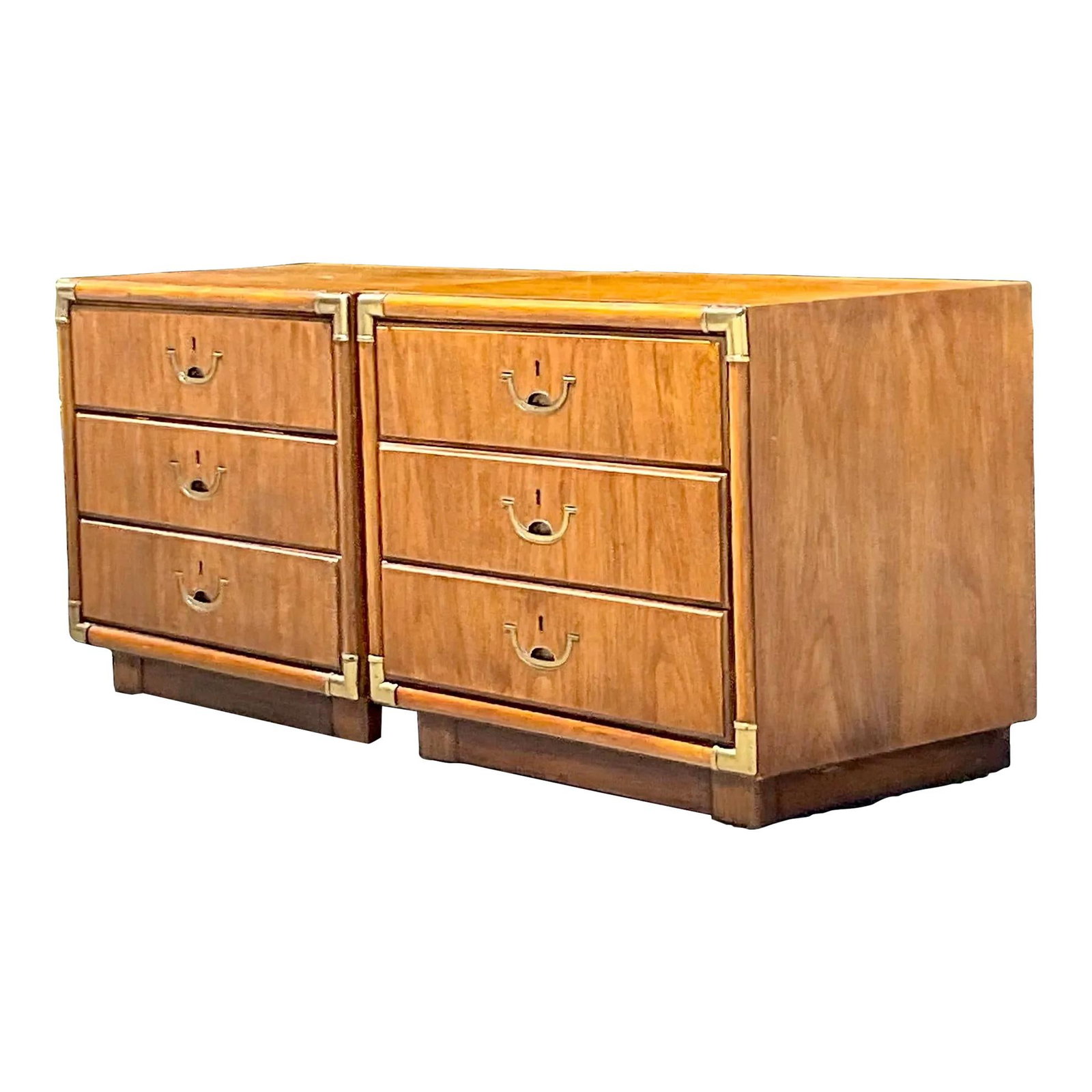 Pair of Vintage Boho Drexel Campaign Nightstands Chestnut Brass Wood: Pair of Vintage Boho Drexel Campaign Nightstands Chestnut Brass Wood Elevate your bedroom decor with this charming pair of Vintage Boho Drexel Campaign Nightstands. Showcasing the adventurous spirit o