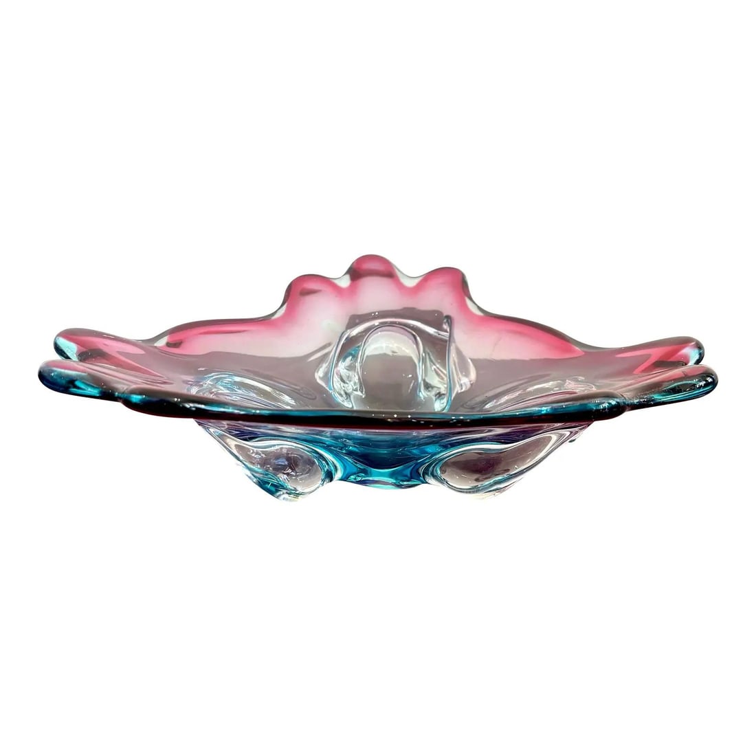 Hand-Blown Rose and Aqua Art Glass Bowl Inspired by Murano: Hand-Blown Rose and Aqua Art Glass Bowl Inspired by Murano This vintage hand-blown art glass dish features a striking blend of rose and aqua hues, with petal-like edges that create a soft, rippling ef