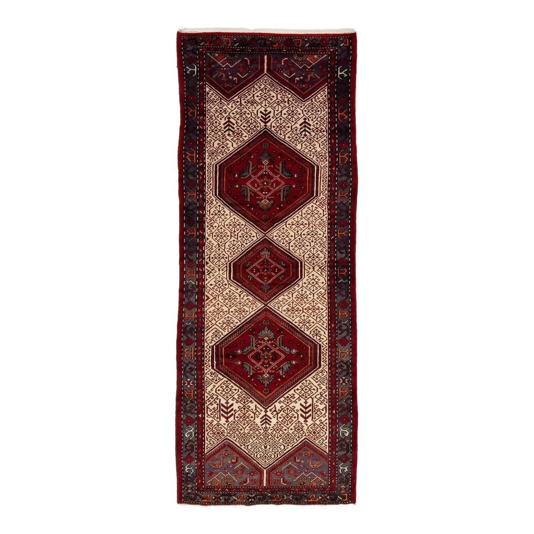 Vintage Hamadan Handmade Wool Runner 3'9" x 10' Beige Tribal Design: Vintage Hamadan Handmade Wool Runner 3'9" x 10' Beige Tribal Design Enhance your home with this Vintage Hamadan Handmade Persian Wool Runner, featuring a warm beige background and an intricate tribal 