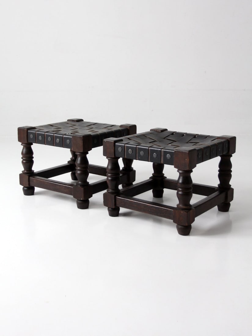 Pair of Vintage Spanish Revival Stools With Woven Leather Seats (1 of 14)