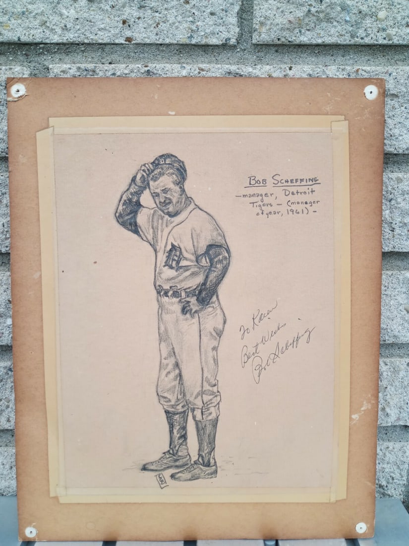 Original Bob Scheffing Signed Baseball Sketch Detroit Tigers (1 of 5)