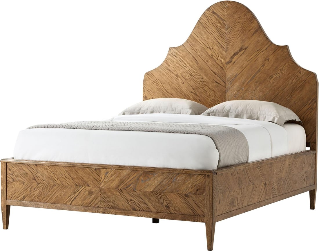 Theodore Alexander Nova Queen Bed Rustic Oak Moroccan Style: Theodore Alexander Nova Queen Bed Rustic Oak Moroccan Style Introducing the Elegant Dawn Finish Queen Bed, a stunning piece from the Nova collection by Theodore Alexander. This bed showcases a rustic 