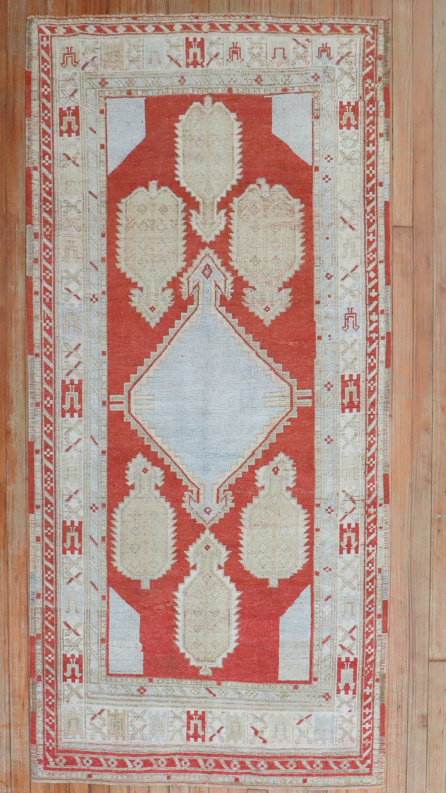 3' 5" x 6' 10" Red Caucasian Turkish Runner Rug: 3' 5" x 6' 10" Red Caucasian Turkish Runner Rug Mid 20th-century decorative vintage-inspired Caucasian rug with a geometric design and a red-toned palette. Classified as a runner in a small size, this