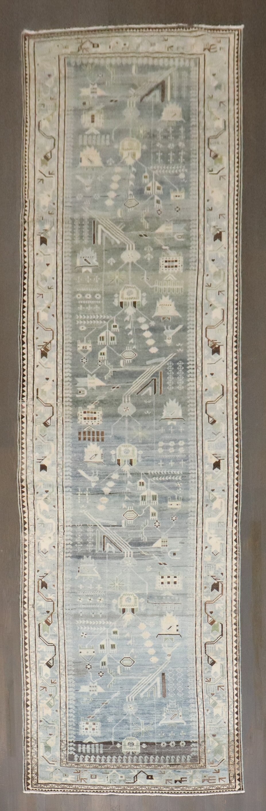 4' 4" x 16' 2" Persian Malayer Runner in Blue Gray: 4' 4" x 16' 2" Persian Malayer Runner in Blue Gray Early 20th century Persian Malayer geometric runner in a blue-gray color palette. This pre-owned runner features a geometric design and is identified