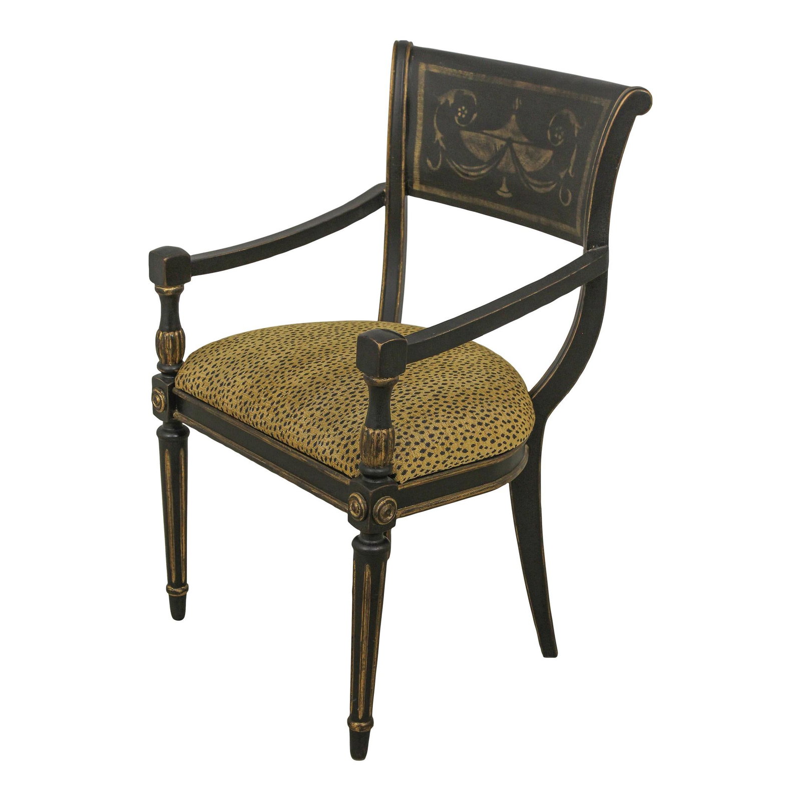 Neoclassical Open Armchair Gold Stenciled Back Leopard Print Upholstery: Neoclassical Open Armchair Gold Stenciled Back Leopard Print Upholstery This exquisite neoclassical open armchair showcases a stunning gold urn stenciled back and highlights, embodying quality craftsm