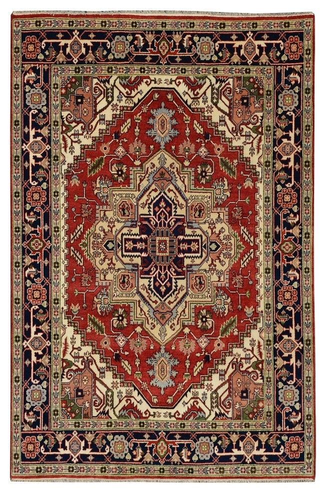 8 x 9.9 Hand-Knotted India Serapi Heriz Wool Rug: 8 x 9.9 Hand-Knotted India Serapi Heriz Wool Rug Free continental US Shipping This new hand-knotted rug features a Serapi Heriz design with Persian-inspired motifs and a bold geometric medallion patte