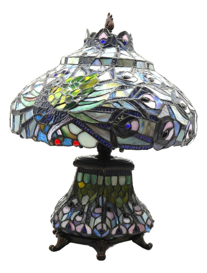 Peacock Motif Leaded Glass Table Lamp with Paw Feet 21.5h (1 of 10)