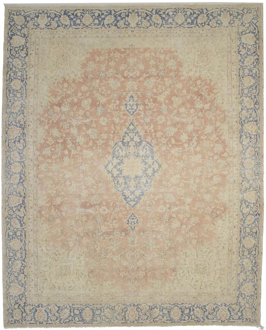 Vintage 9'6 x 11'9 Hand-Knotted Floral Wool Oriental Rug: Vintage 9'6 x 11'9 Hand-Knotted Floral Wool Oriental Rug Enhance your living space with this exquisite Antique Distressed Oriental Rug, measuring 11'9" x 9'6". This unique piece showcases a muted flor