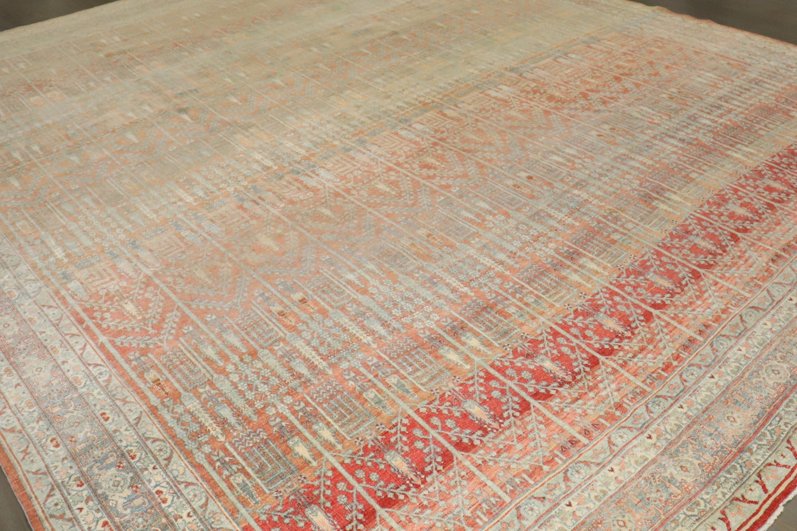 12' x 14' Persian Bidjar Square Rug Cypress Tree Motif: 12' x 14' Persian Bidjar Square Rug Cypress Tree Motif Early 20th century Persian Bidjar room rug featuring an allover cypress tree motif with abrashed orange and red tones. This square antique rug is