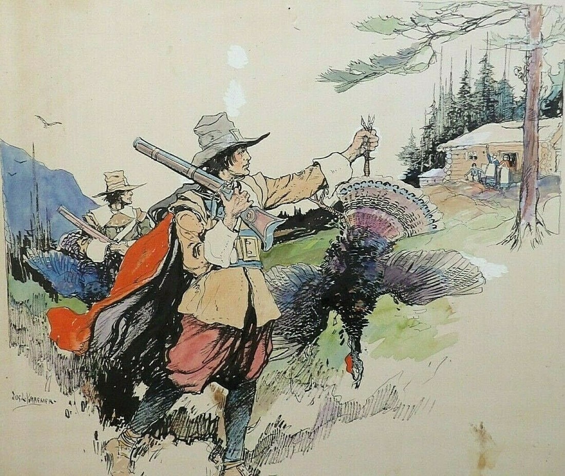 Joseph L Kraemer signed watercolor illustration on cardboard 18 x21.5: Joseph L Kraemer signed watercolor illustration on cardboard 18 x21.5 Original watercolor illustration painting by Joseph L. Kraemer depicting a Pilgrim Thanksgiving scene with figures presenting turk