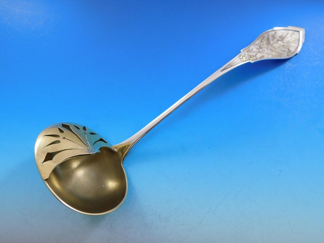 Wood & Hughes Japanese Sterling Silver Oyster Ladle Gold Washed 11 1/8 Inch: Wood & Hughes Japanese Sterling Silver Oyster Ladle Gold Washed 11 1/8 Inch This exquisite oyster ladle, crafted by Wood & Hughes, showcases a stunning Japanese pattern, making it a remarkable additio