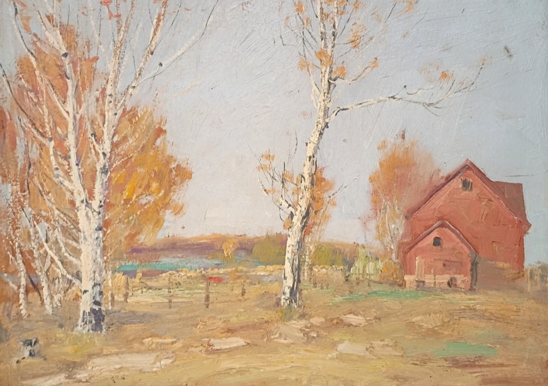 Framed 12 X20 Oil Landscape Painting on Canvas Barn Scene: Framed 12 X20 Oil Landscape Painting on Canvas Barn Scene Antique original oil landscape painting depicting a farm scene with a barn and birch trees. This handmade American work from the 1925-1949 per