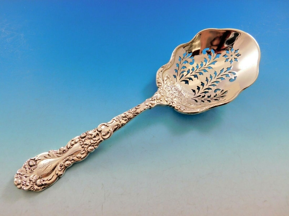 Gorham Imperial Chrysanthemum Sterling Silver Ice Spoon 8 5/8" Monogrammed: Gorham Imperial Chrysanthemum Sterling Silver Ice Spoon 8 5/8" Monogrammed This exquisite ice spoon from Gorham features the elegant Imperial Chrysanthemum pattern, which was first introduced in 1894.