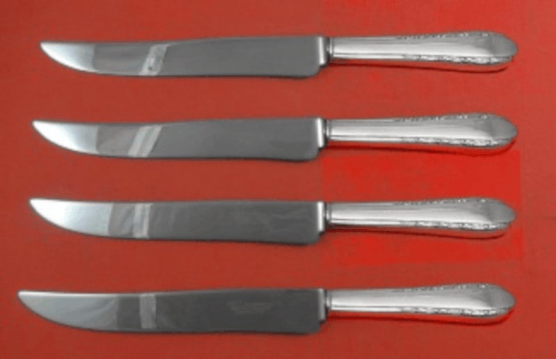 Set of 4 Moonglow Sterling Silver Steak Knives Texas Size by International: Set of 4 Moonglow Sterling Silver Steak Knives Texas Size by International This set includes four custom-made steak knives in the Moonglow pattern by International. Each knife features a sterling