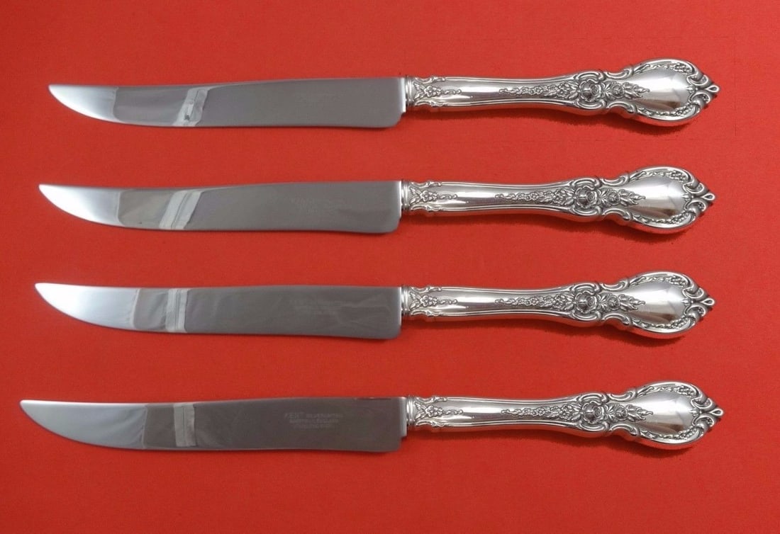 Towle Charlemagne Sterling Silver Steak Knife Set 4pc Texas Size: Towle Charlemagne Sterling Silver Steak Knife Set 4pc Texas Size Elevate your dining experience with this impressive 4-piece steak knife set from Towle, featuring the elegant Charlemagne pattern. Craf