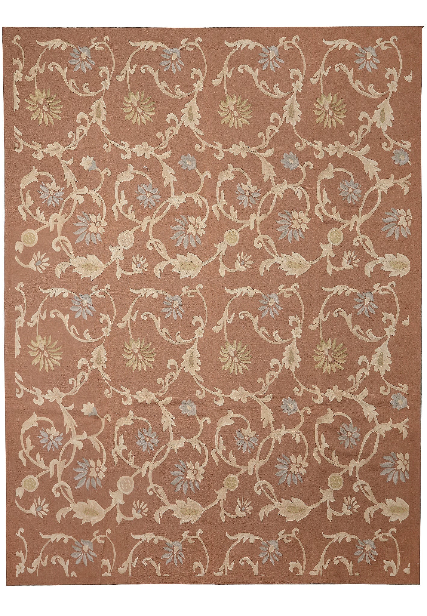 9 x 12 Handmade Lauren Flat Weave Rug: 9 x 12 Handmade Lauren Flat Weave Rug Free continental US Shipping This 9 x 12 flat weave Lauren rug is handmade and features an intricate floral pattern with a brown background and light-colored flor