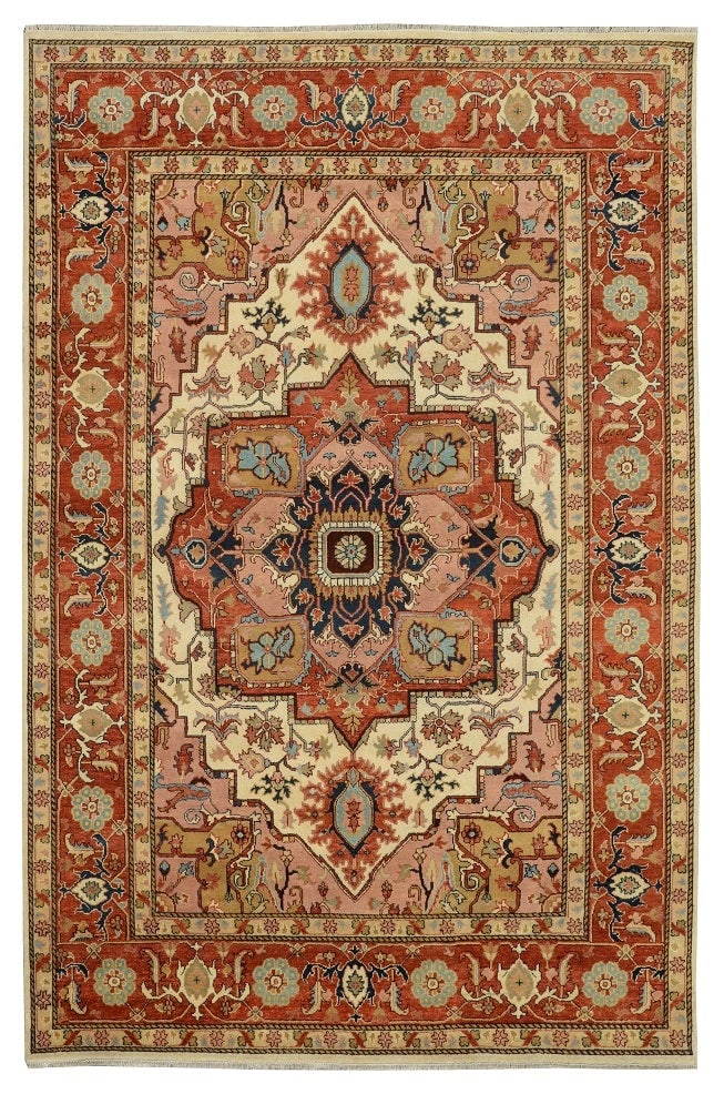 10 x 14 Hand-Knotted Finer Wool Heriz Serapi Rug with Medallion Design: 10 x 14 Hand-Knotted Finer Wool Heriz Serapi Rug with Medallion Design Free continental US Shipping This 10 x 14 Heriz Serapi hand-knotted rug showcases classic Persian-inspired artistry with bold geo