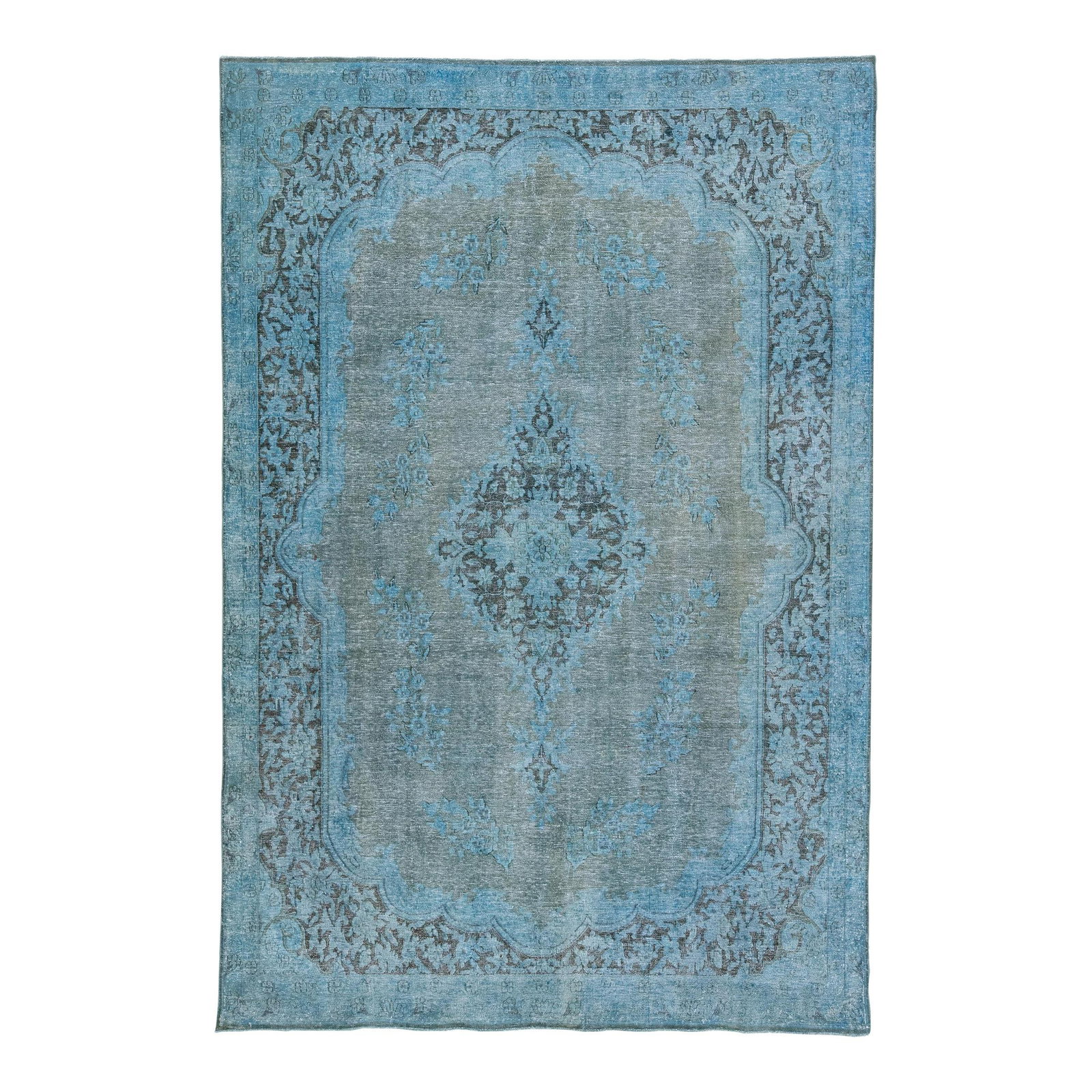 Vintage Persian Medallion Blue Wool Rug 6'5 x 9'7: Vintage Persian Medallion Blue Wool Rug 6'5 x 9'7 Enhance your space with this stunning Vintage Persian Overdyed hand-knotted wool rug. Featuring a sophisticated gray field complemented by a striking 