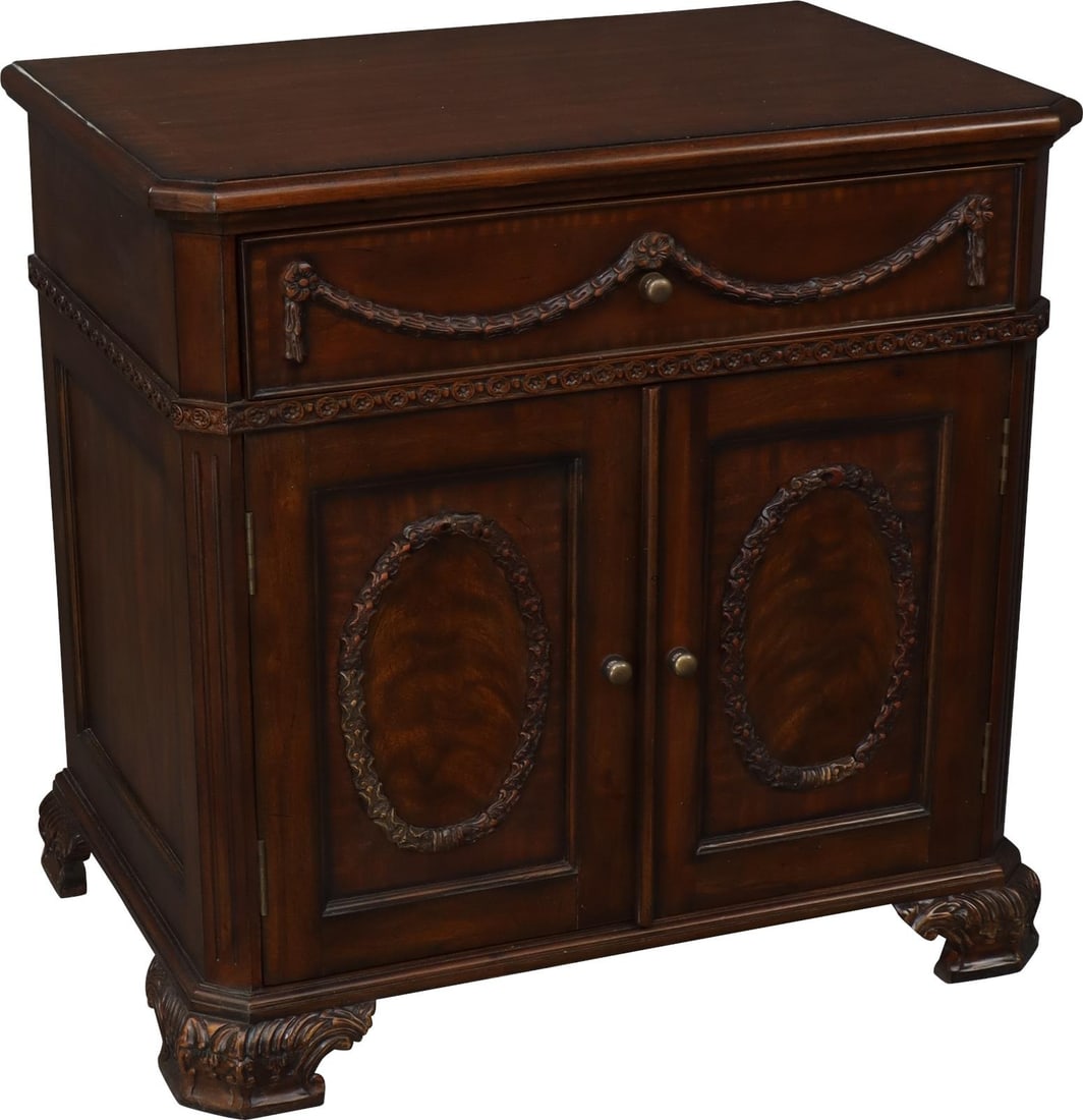 Victorian Classic Nightstand with Mahogany Cameo Design: Victorian Classic Nightstand with Mahogany Cameo Design This classic nightstand features an elegant Victorian style with a traditional mahogany finish. Crafted with a banded inlay of brass flame mahog