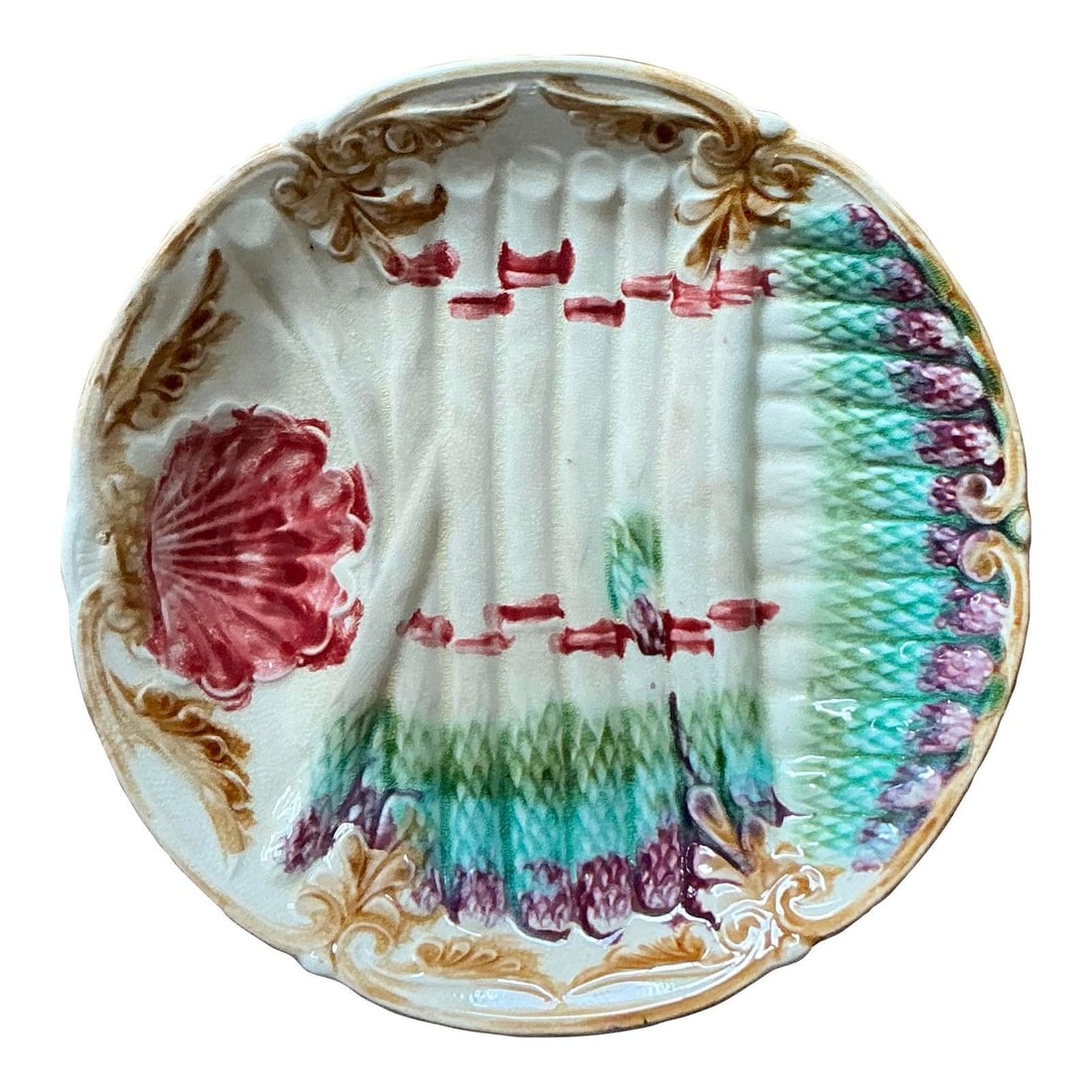 French Majolica Asparagus Plate with Rococo Scrolls and Shell Well (1 of 10)