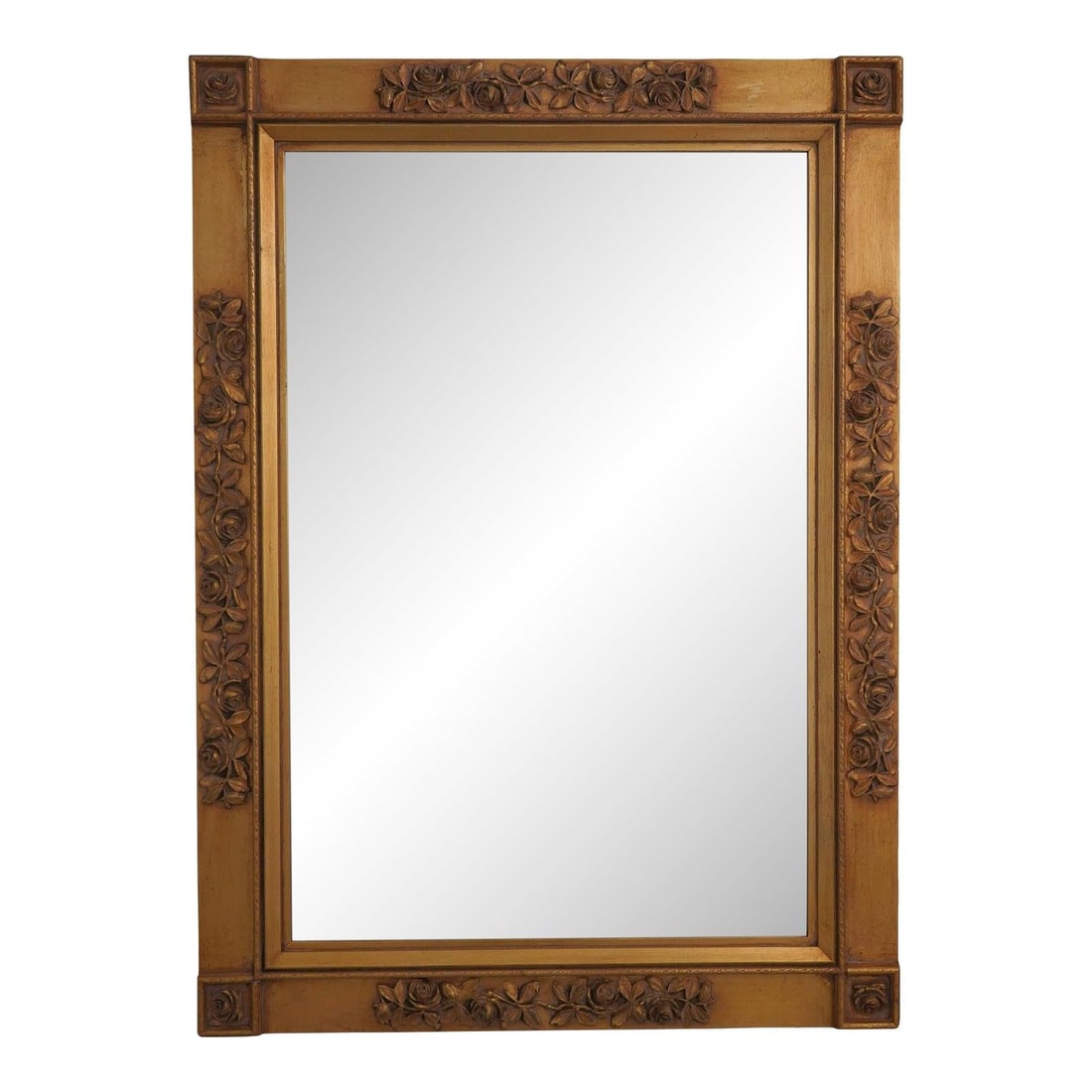 French Style Gold Gilt Carved Mantle Mirror 32 x 44: French Style Gold Gilt Carved Mantle Mirror 32 x 44 This exquisite Gold Gilt Rose Carved Frame Hanging Over Mantle Mirror features a stunning beveled glass and intricate carved details that exemplify 