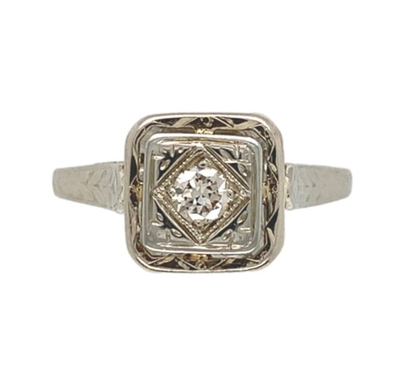18k White Gold Art Deco Hand Engraved Diamond Ring Size 5 Authentic (1 of 11)