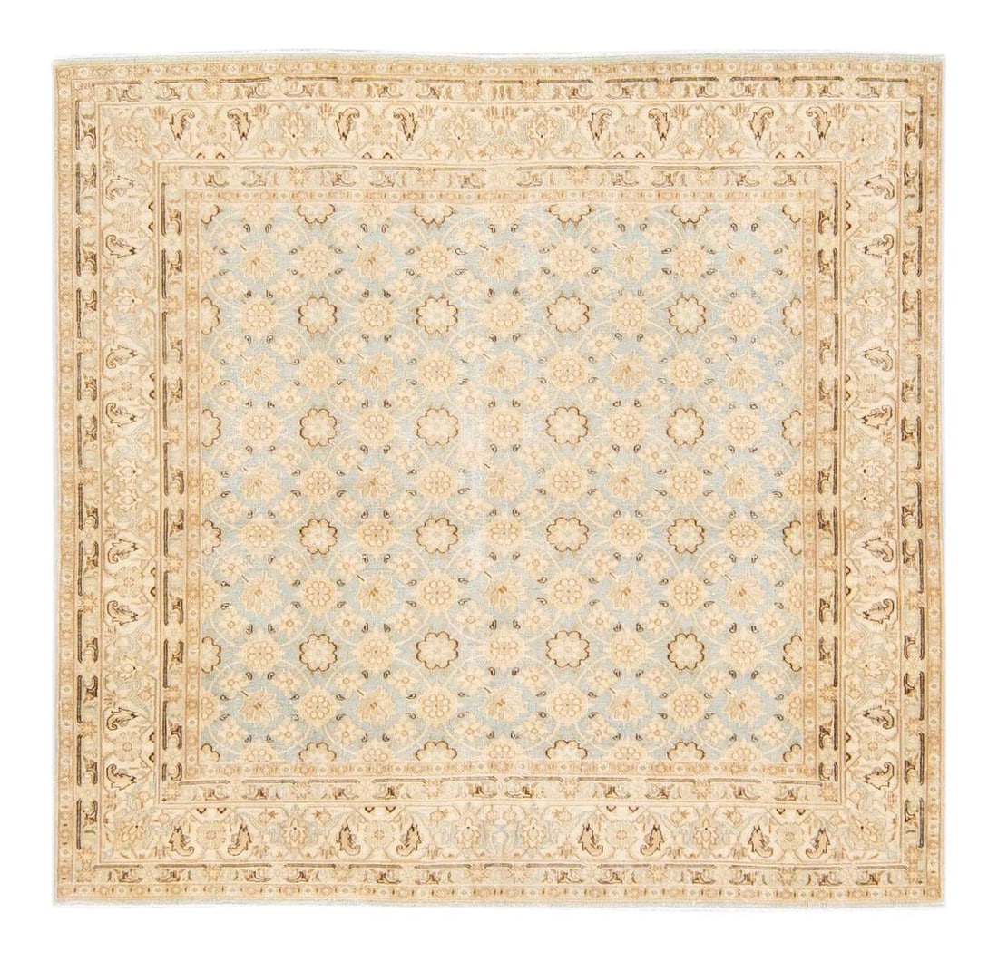 Antique Persian Tabriz Hand-Knotted Floral Wool Rug 6'6 x 6'4 Blue Beige: Antique Persian Tabriz Hand-Knotted Floral Wool Rug 6'6 x 6'4 Blue Beige This exquisite antique Persian Tabriz rug is hand-knotted from high-quality wool, showcasing a stunning blue field adorned with