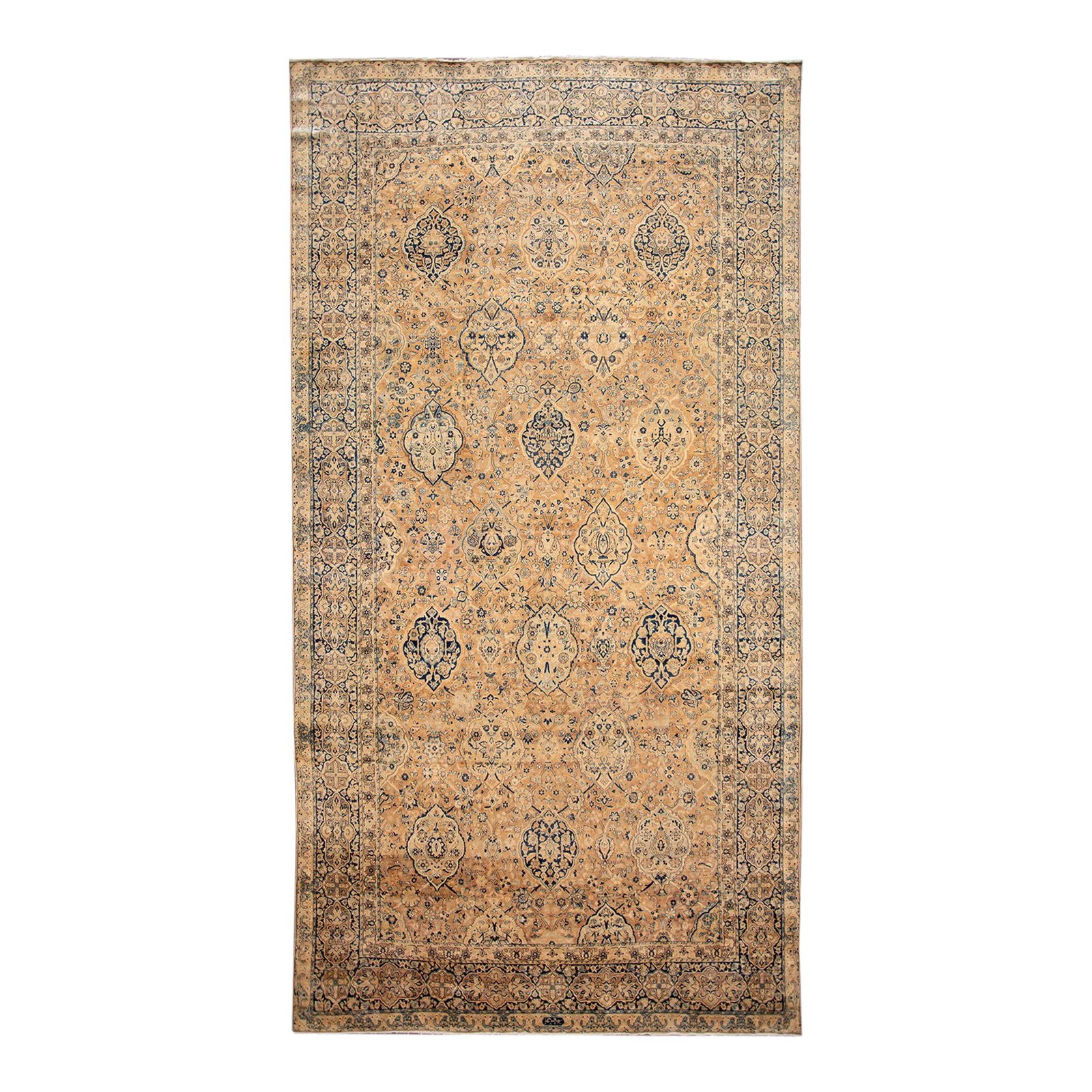 Antique Kerman Persian Wool Rug 9'4" x 17'5" Floral Motif Tan: Antique Kerman Persian Wool Rug 9'4" x 17'5" Floral Motif Tan Discover the beauty of this Antique Kerman Persian Wool Rug, meticulously hand-knotted to showcase a charming antique finish. The warm bei