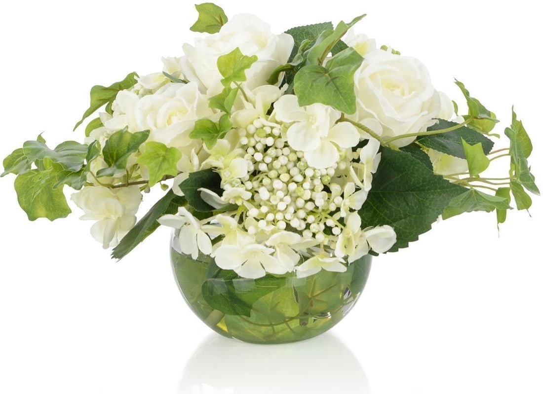 John-Richard Aspen White Faux Floral Centerpiece 9H 13W 12D: John-Richard Aspen White Faux Floral Centerpiece 9H 13W 12D Enhance your decor with this elegant Aspen White Faux Floral Centerpiece. This exquisite piece is an in-house creation from the renowned bra