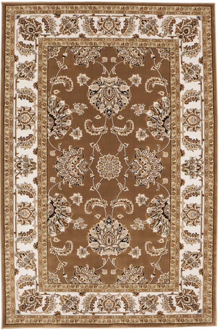 Brown Floral Polypropylene Area Rug 5'2 x 7'9 Machine Woven Western Asia: Brown Floral Polypropylene Area Rug 5'2 x 7'9 Machine Woven Western Asia This machine-made Oriental area rug features a classic floral pattern in brown, ivory, beige, and black tones, offering a vinta