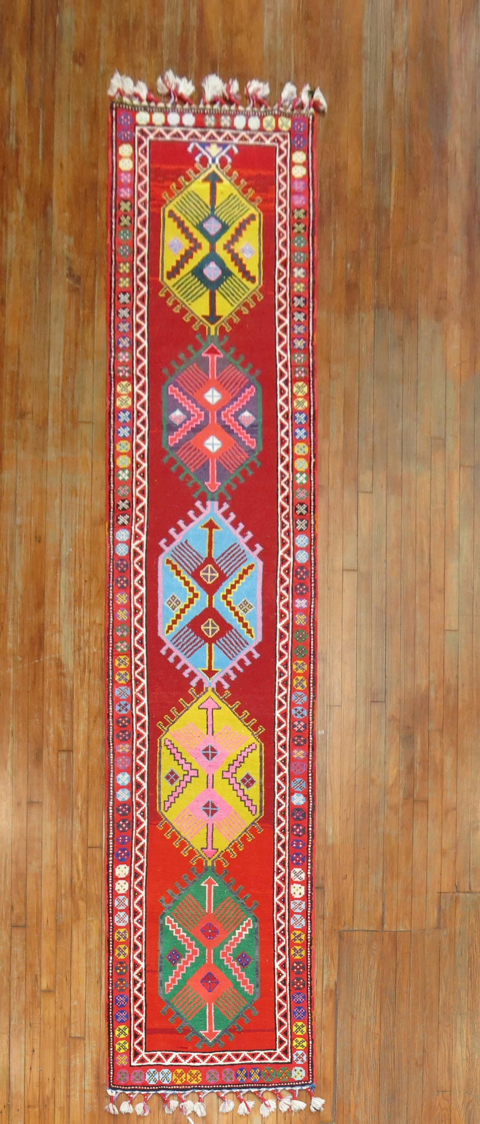 2' 8" x 12' 9" Turkish Bohemian Runner Mid 20th Century: 2' 8" x 12' 9" Turkish Bohemian Runner Mid 20th Century Vintage Turkish bohemian runner with an Attitude style design. This mid-20th century piece is pre-owned. Specifications Type: Attitude Origin: T