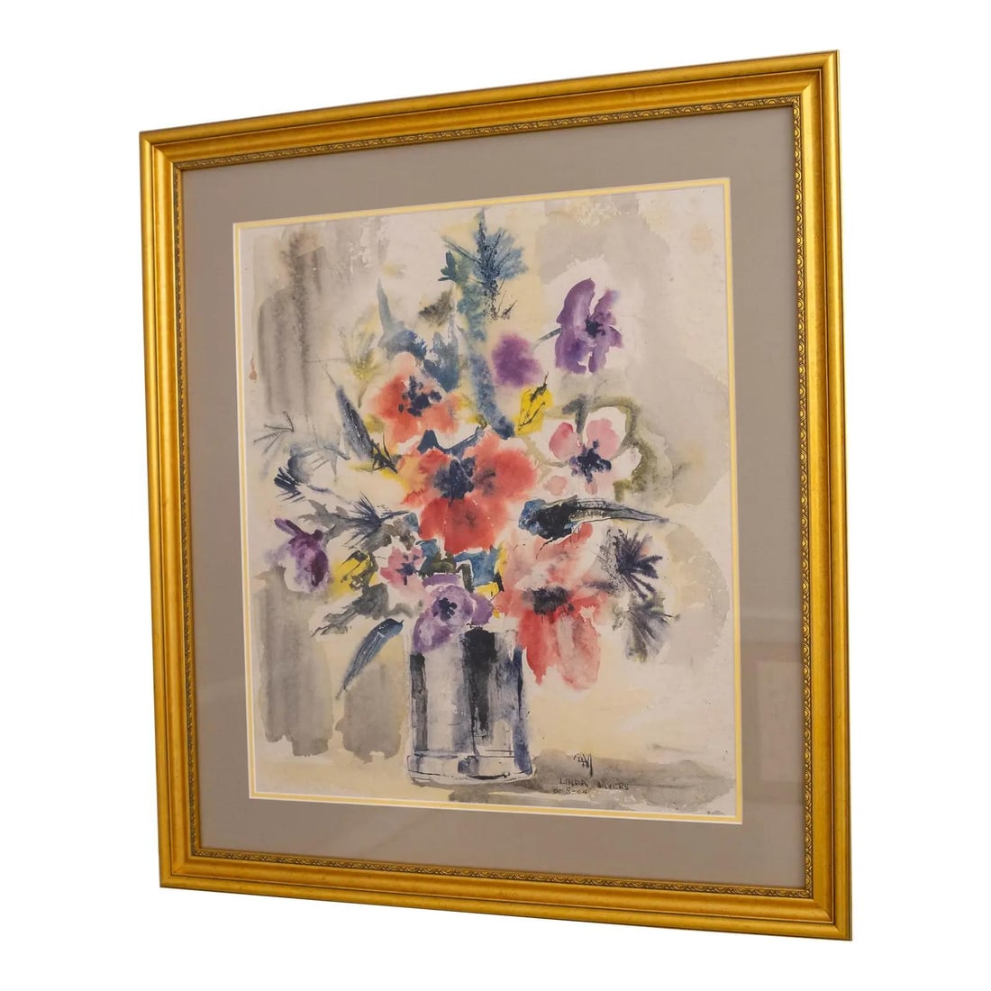 Linda Myers Abstract Still Life Watercolor Painting Signed 1964 Gold Frame (1 of 8)
