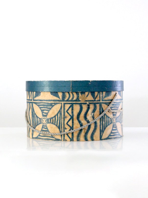 Vintage Round Storage Box Blue Tan Graphic Paper 12 Inch (1 of 6)