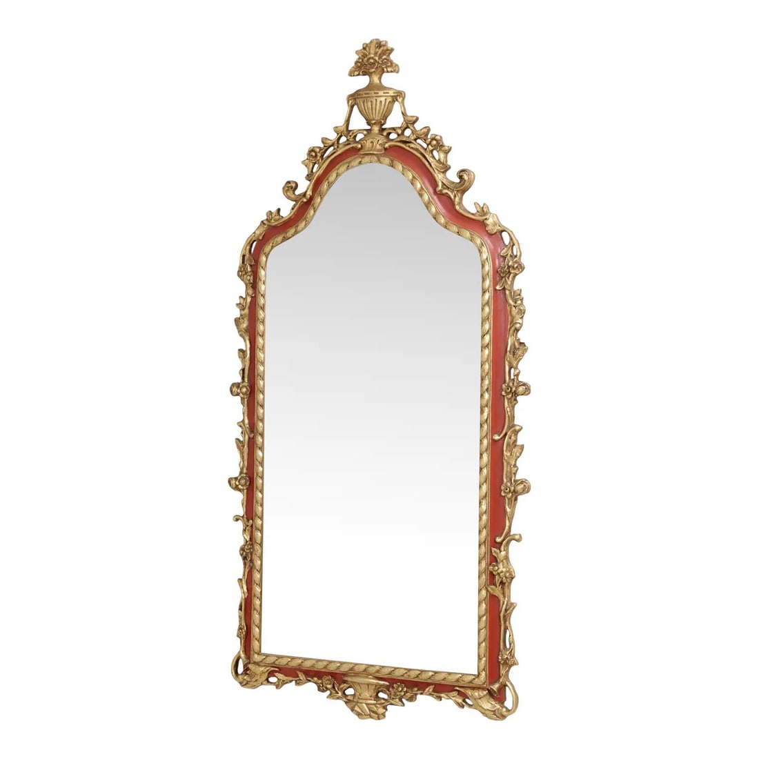 Gold Gilt Venetian Style Wall Mirror by Friedman Brothers: Gold Gilt Venetian Style Wall Mirror by Friedman Brothers Venetian style wall mirror from the Friedman Brothers Concierge Collection, featuring beveled glass, painted reddish trim, gold gilt accents, 