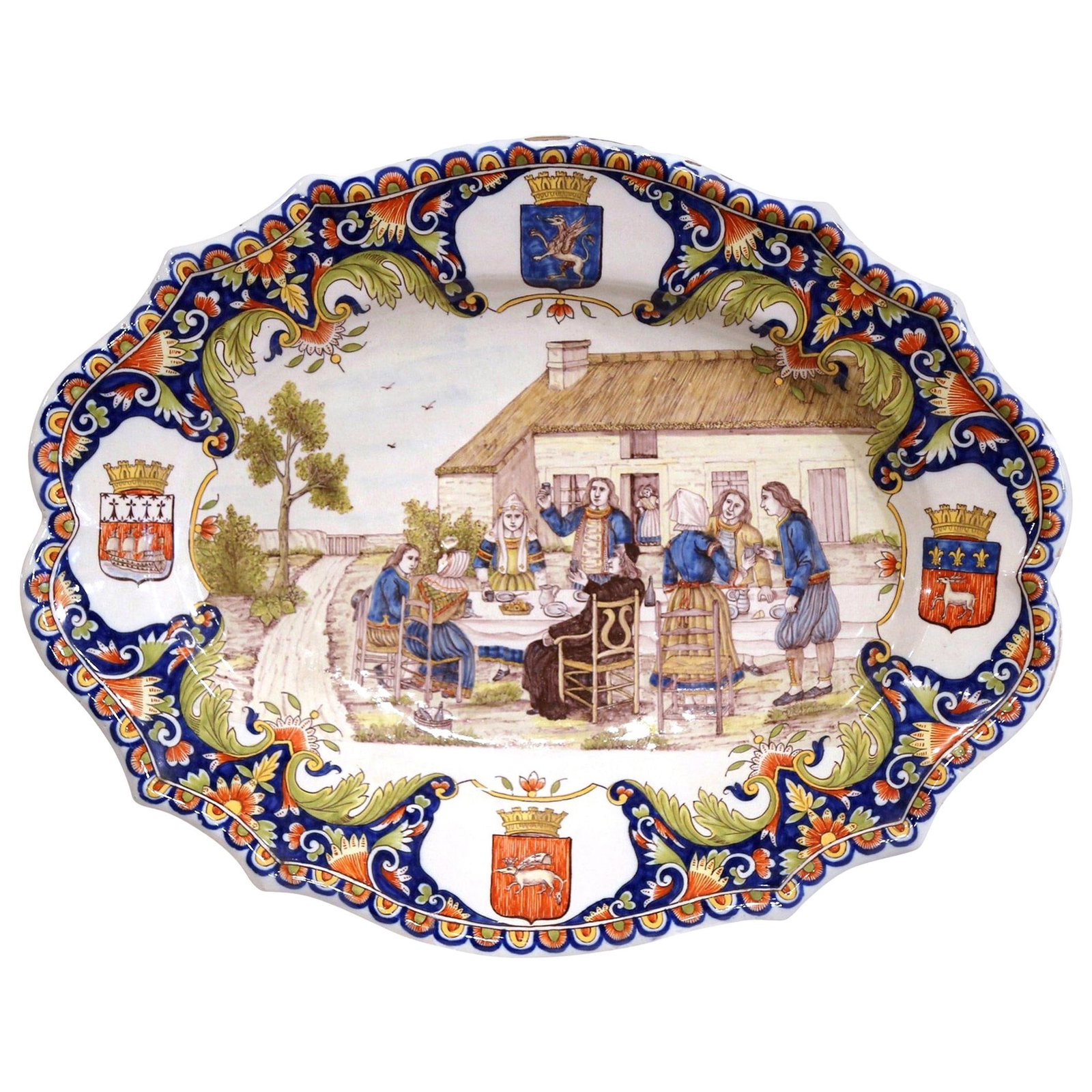 19th Century French Hand-Painted Faience Platter with Banquet Scene: 19th Century French Hand-Painted Faience Platter with Banquet Scene Enhance your home decor with this stunning 19th Century French Breton Faience Platter, a vibrant testament to the artistry of late 1