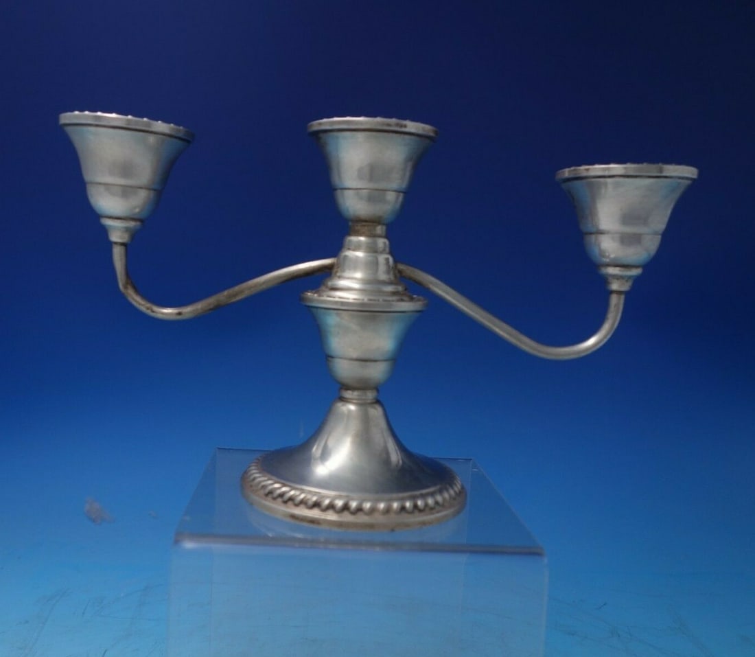 Gorham English Gadroon Sterling Silver 3-Light Candelabra c.1940: Gorham English Gadroon Sterling Silver 3-Light Candelabra c.1940 This exquisite English Gadroon candelabra by Gorham features a timeless design and is crafted from sterling silver. Designed for three 